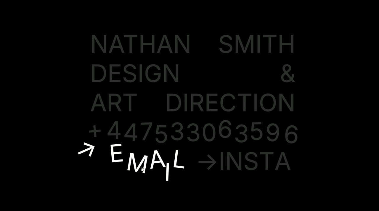 Large uppercase name and phone number on black whose characters jump apart and settle back.