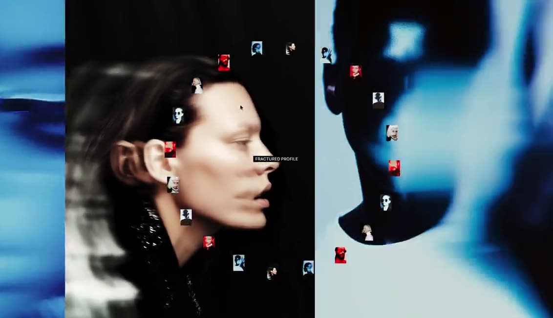Blurred vivid portraits with tiny thumbnails arranged in a ring over the face.