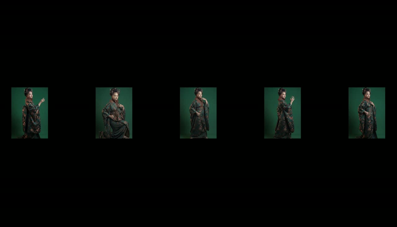 Small portraits on black sliding together into a single image with a large red title over it.