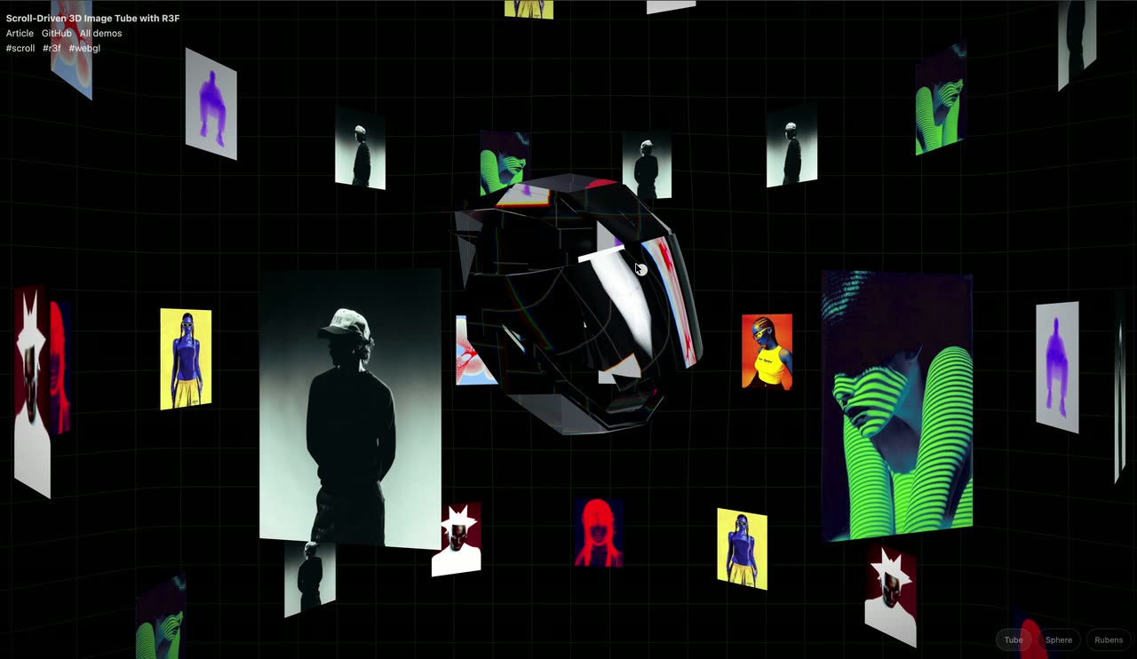 Colorful illustration and portrait tiles on the walls of a dark tunnel, moving toward the camera.