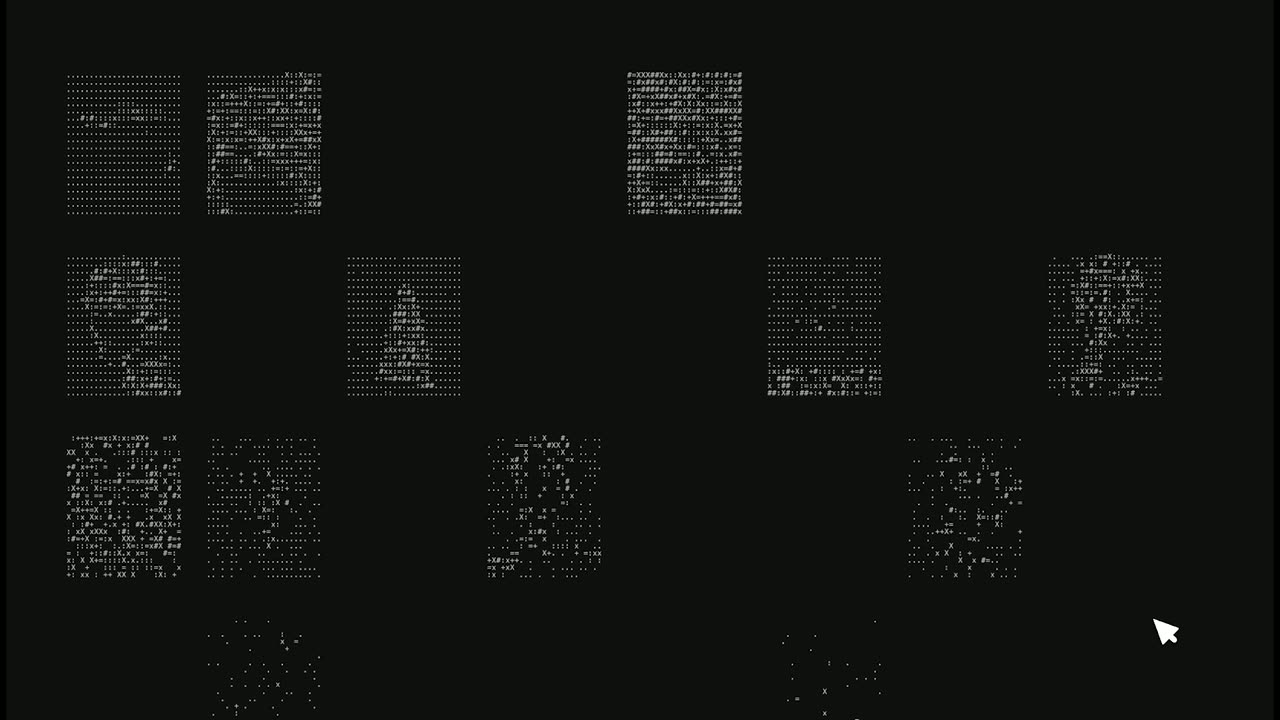 Character-noise thumbnails on black resolving into product and portrait photos.