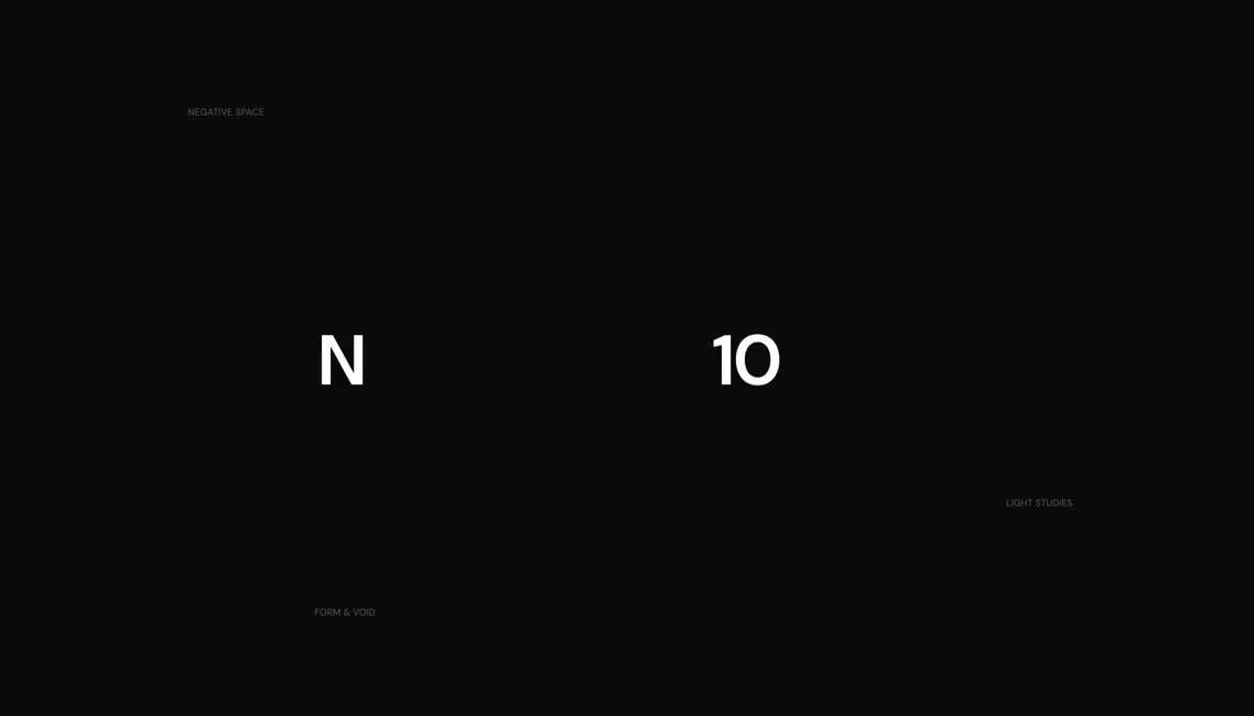 A white studio name on black shrinking to a short code, then a gallery photo with a sculpture appearing behind a bar.