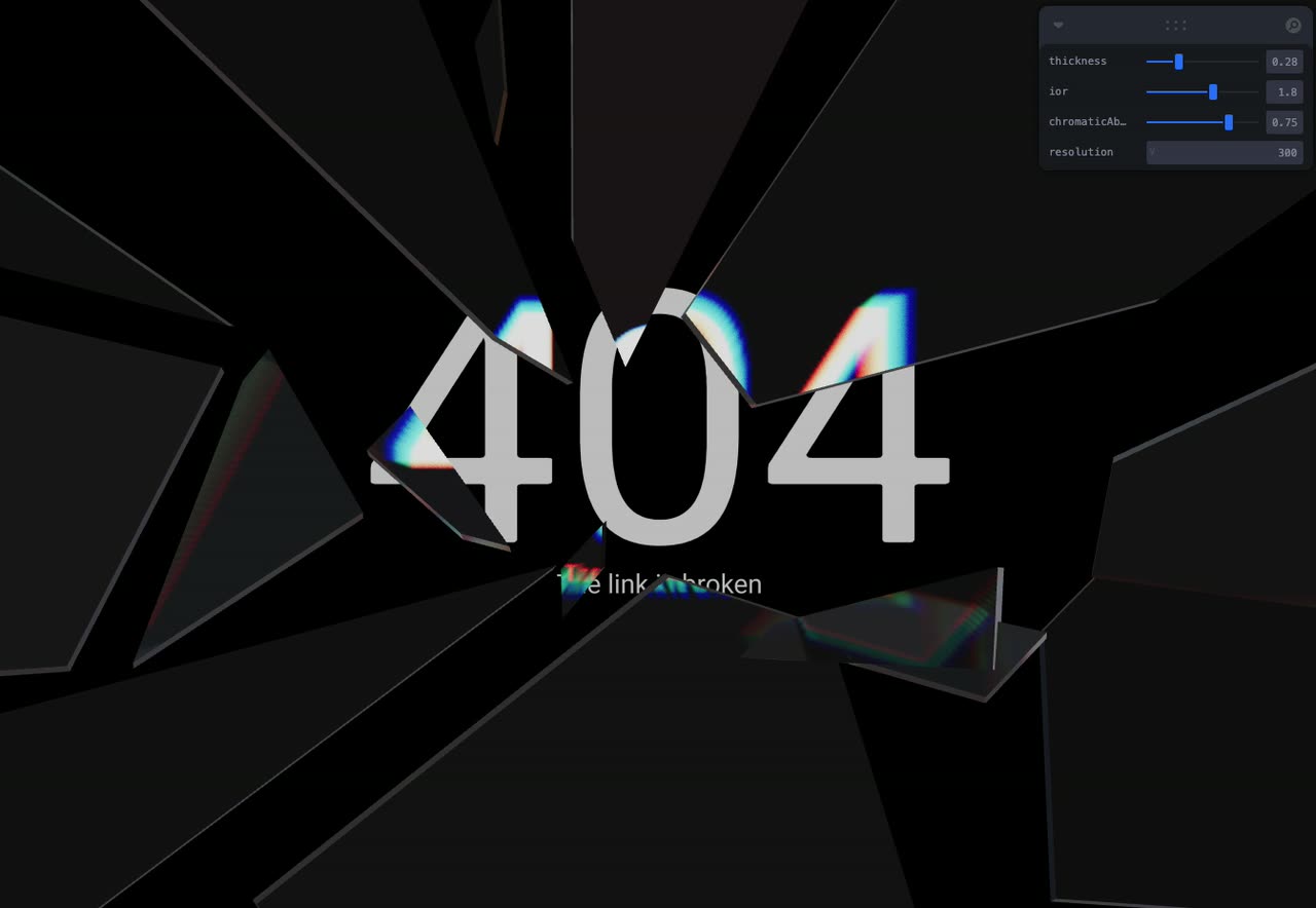 Large 404 numerals with a chromatic edge behind dark refractive glass fragments, with a tweak panel in the corner.
