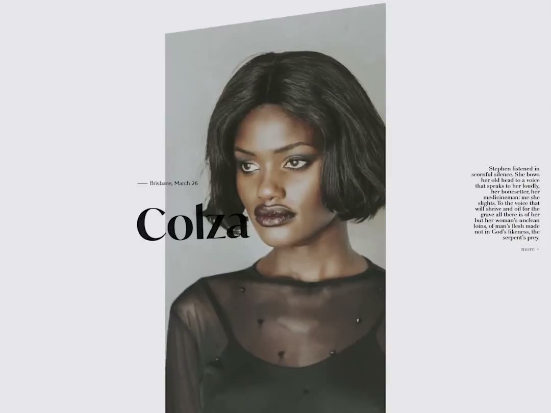 Angled portrait cards with large italic serif names crossing on a pale page.