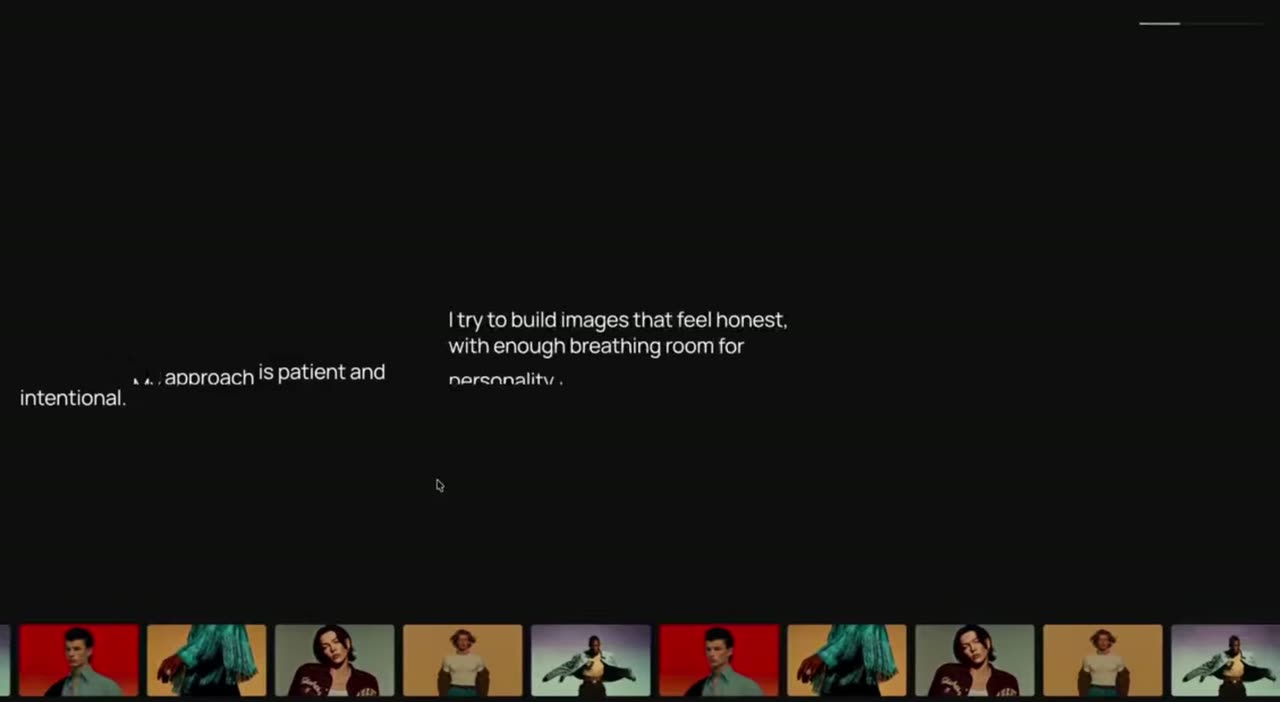 Bold text revealed by red and black bars over a cream page, alternating with film stills.