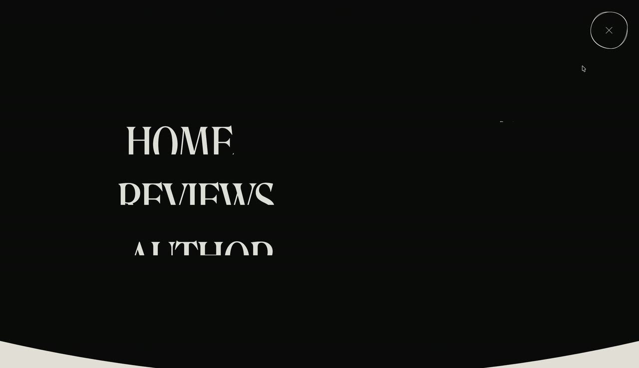 A cream editorial hero, then a black menu of large serif words revealed by a curved boundary.