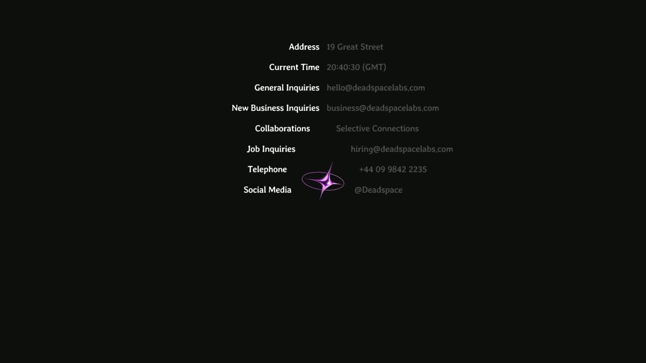 A dark contact page with labeled detail rows sliding in and a small glossy icon.