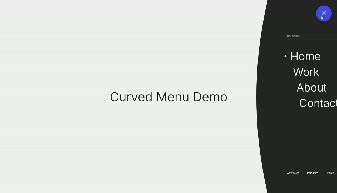 A light page with a blue menu button; a dark panel enters from the right with a bending edge and links.