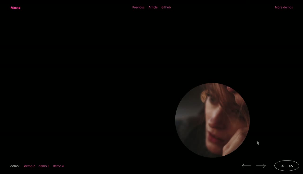Cinematic portraits seen through a large circle on black with uppercase serif titles.