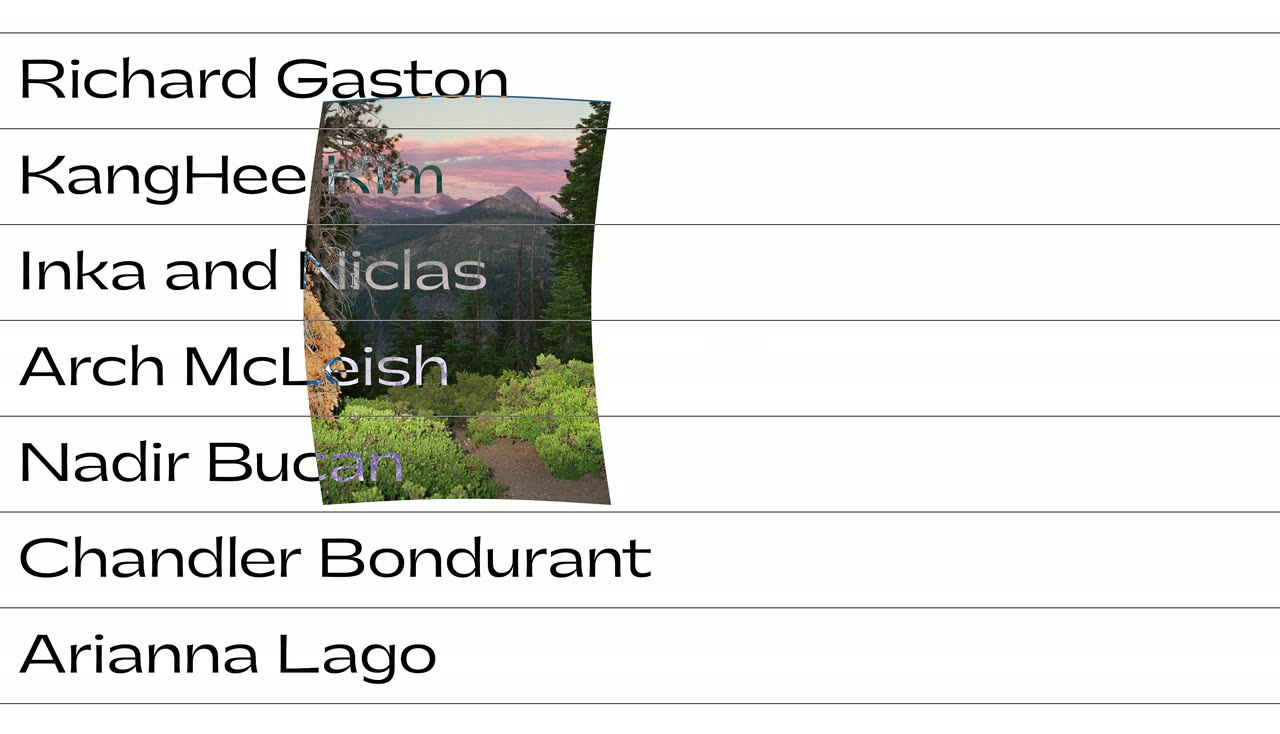 A white list of names with dividing lines; hovering shows a landscape image that warps as it follows the pointer.