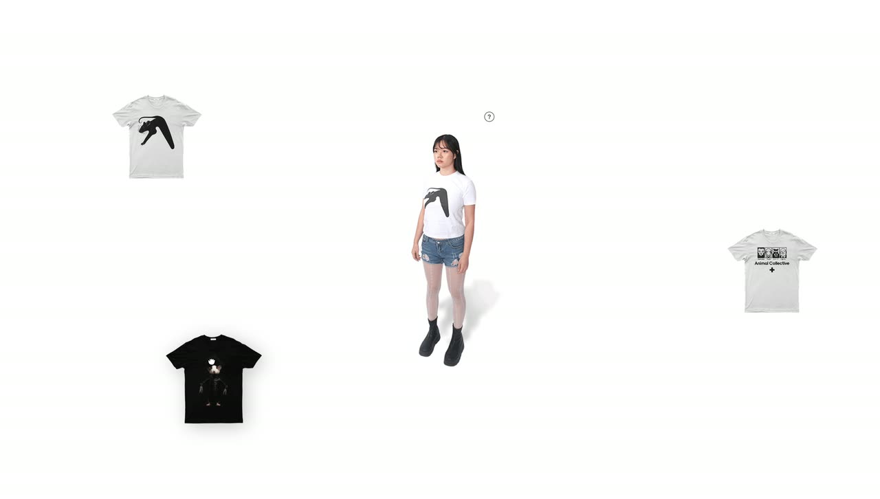 A cut-out model on white with floating T-shirt cutouts that move between positions around her.