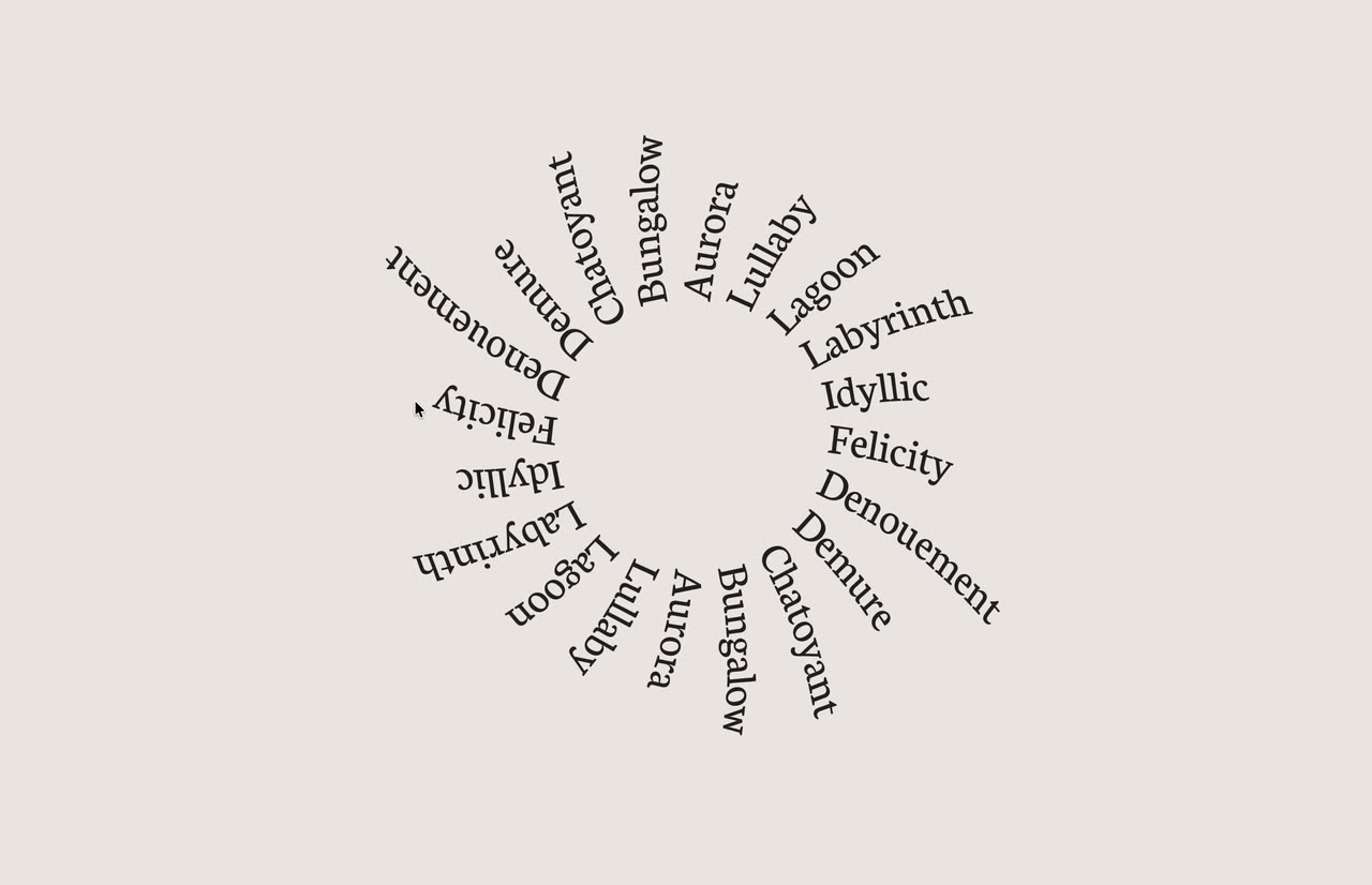Serif words in circular rings rotating in depth on a pale background.