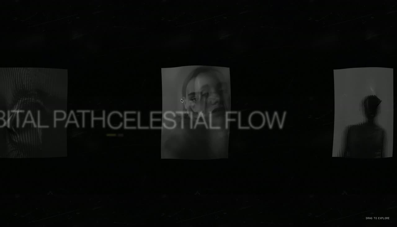 Uppercase titles and black-and-white portraits sliding horizontally on black.