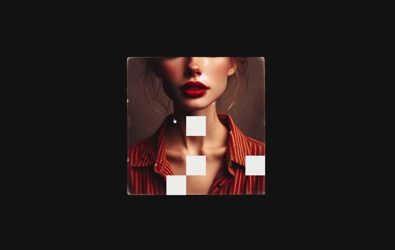 A portrait card on dark grey dissolving in large square blocks into a different portrait.