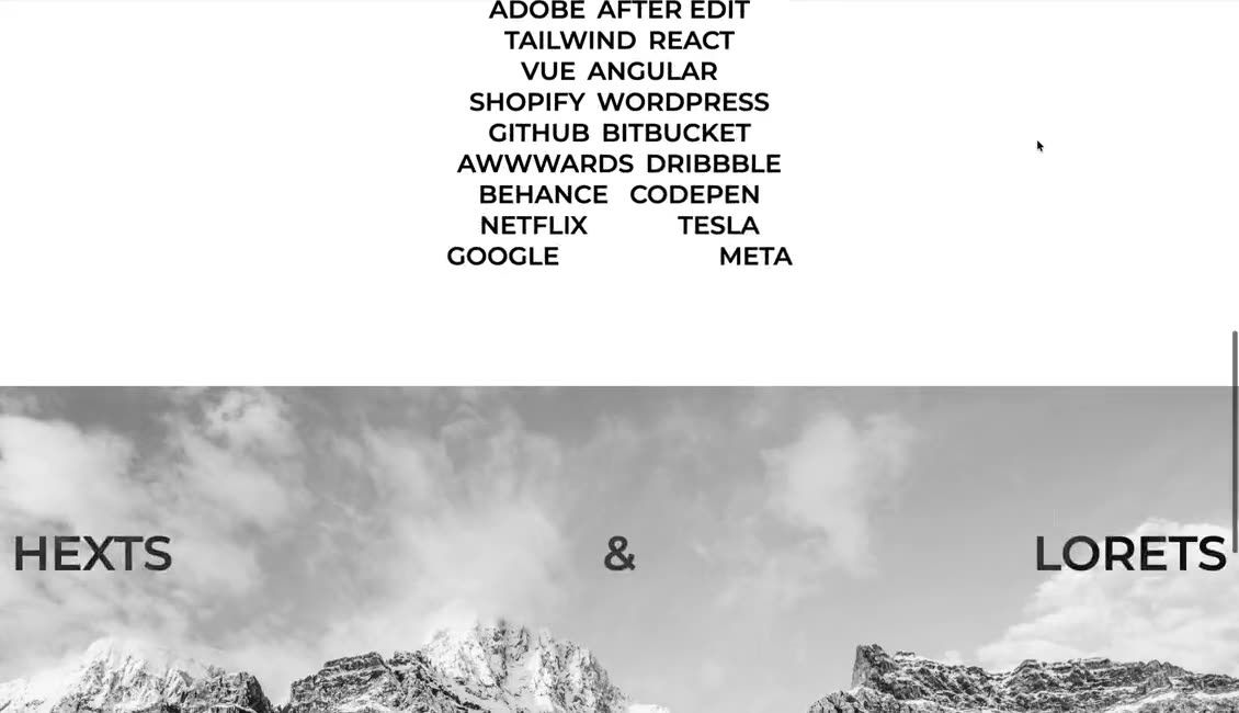A dense centered list of tool names, then a monochrome mountain image with a two-part title.