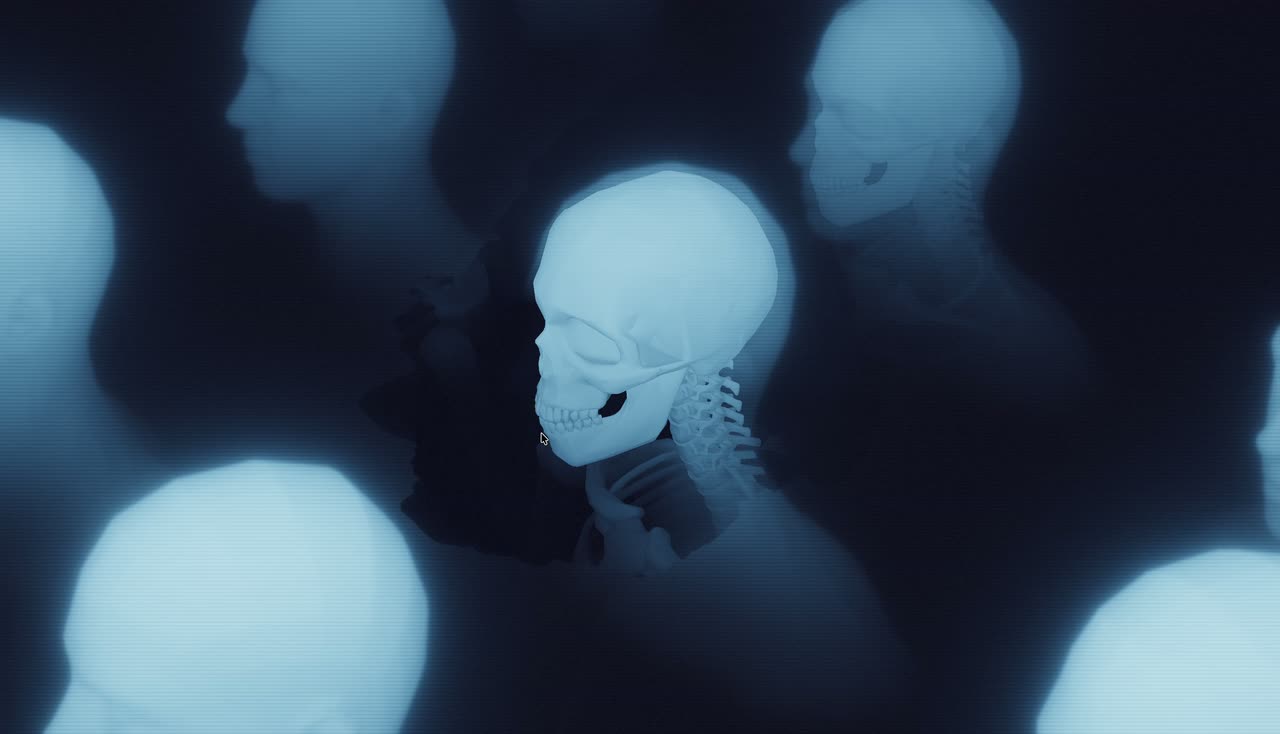 Blue glowing heads and shoulders where the cursor wipes a fluid hole showing an x-ray skeleton underneath.