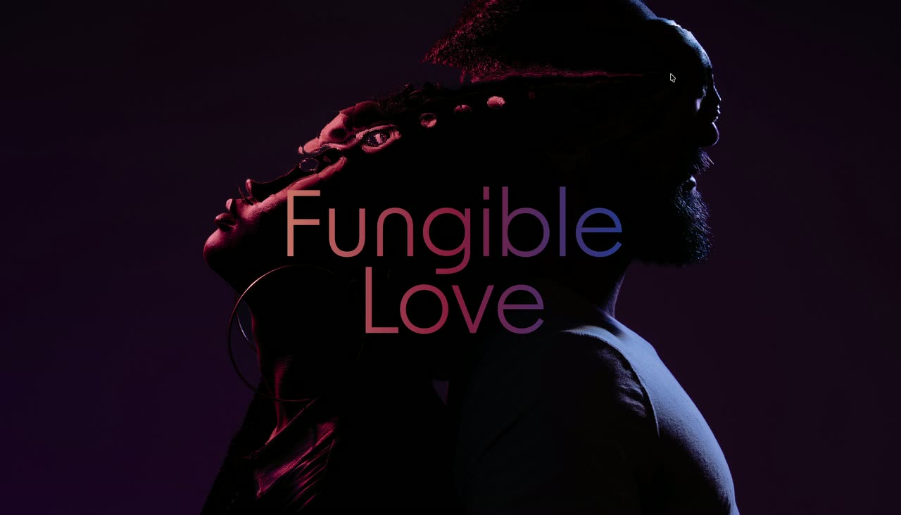 A dark purple portrait with a gradient title where pixels shift and stretch near the cursor.