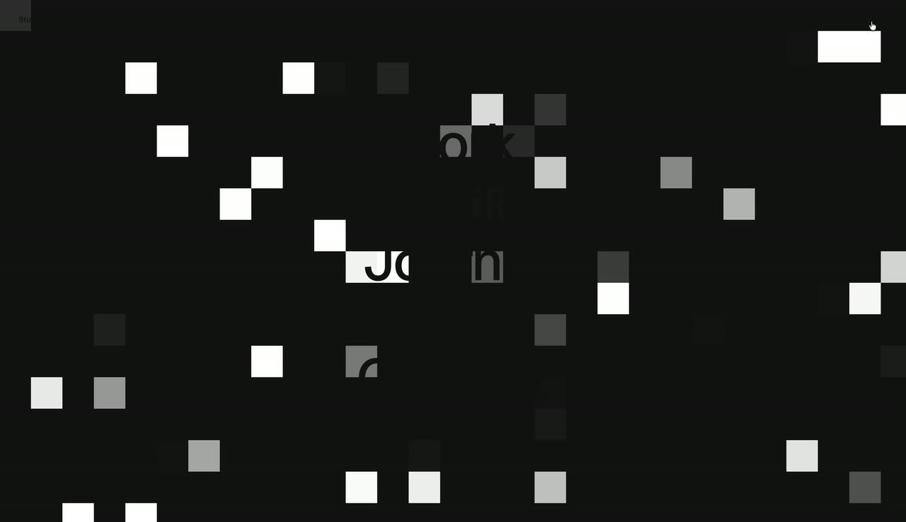 A white page with a short tagline, a centered link list, then black and white pixel blocks dissolving the screen.
