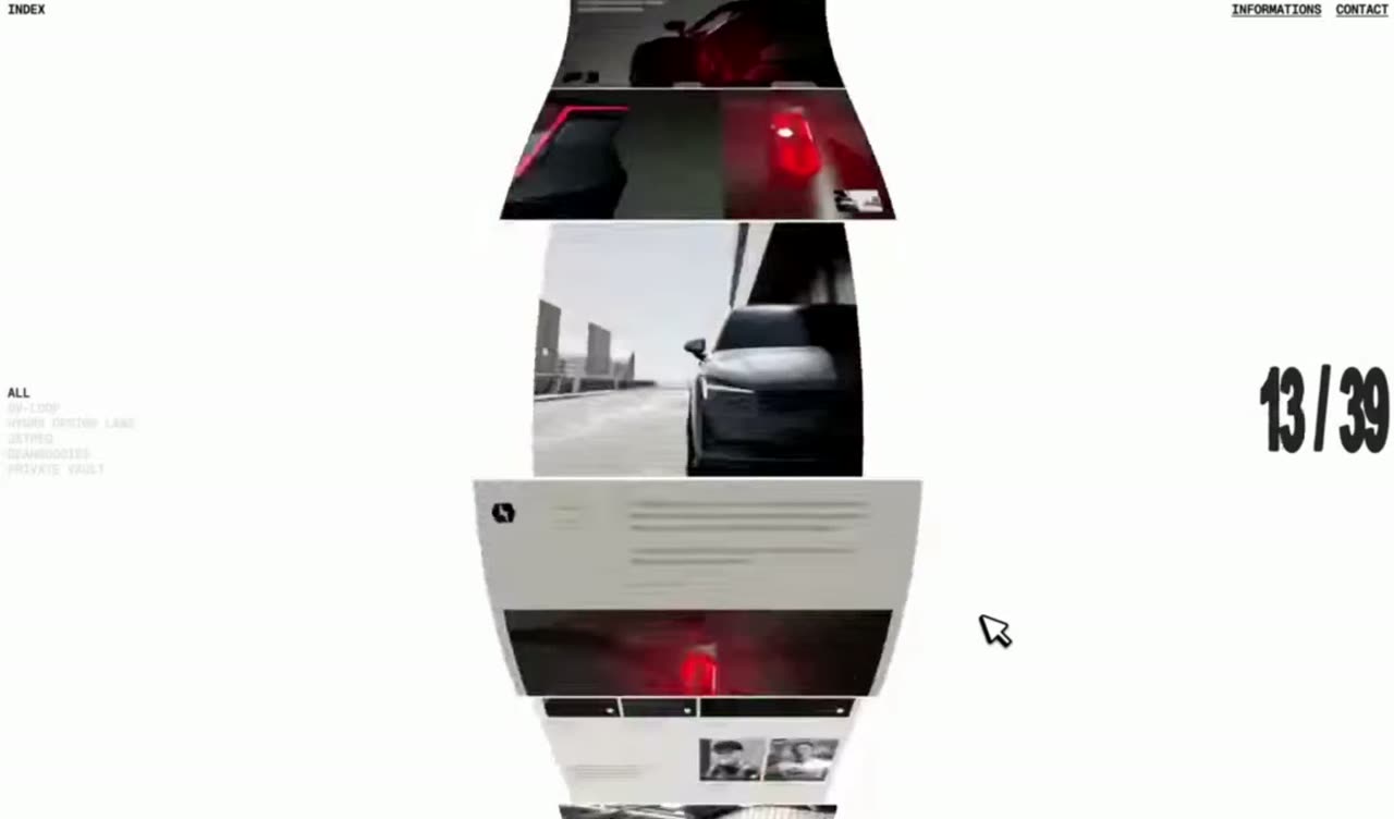 A vertical stack of project images moving past a large counter on white.