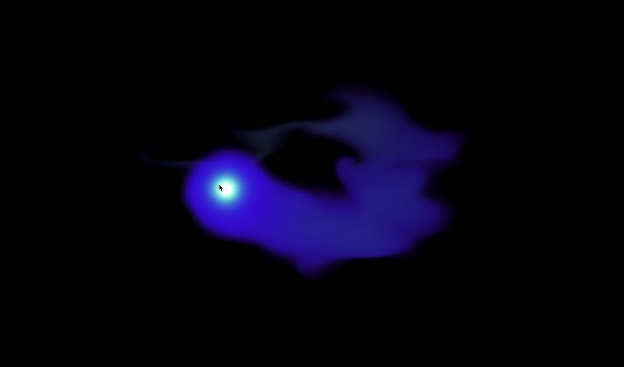 A bright blue point dragging a soft, swirling fluid trail across a black background.