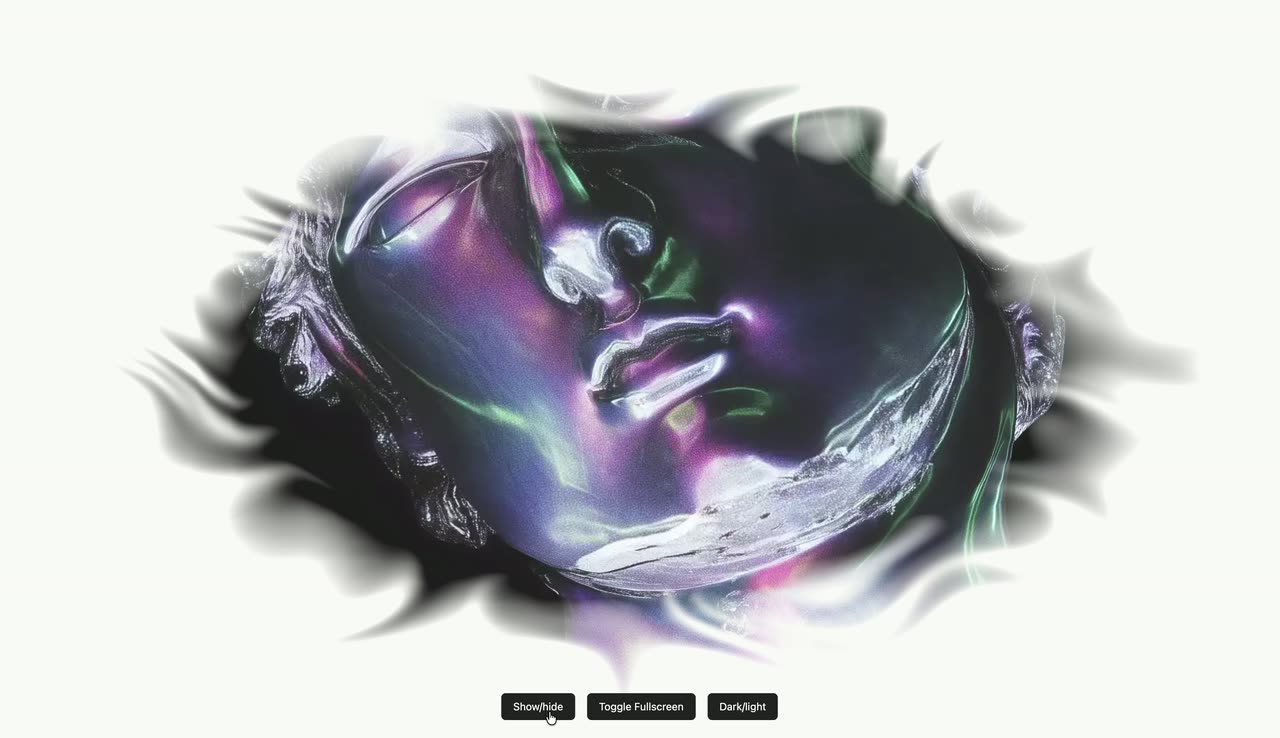 An iridescent statue image dissolving with a liquid edge into a white page and back into a small card.