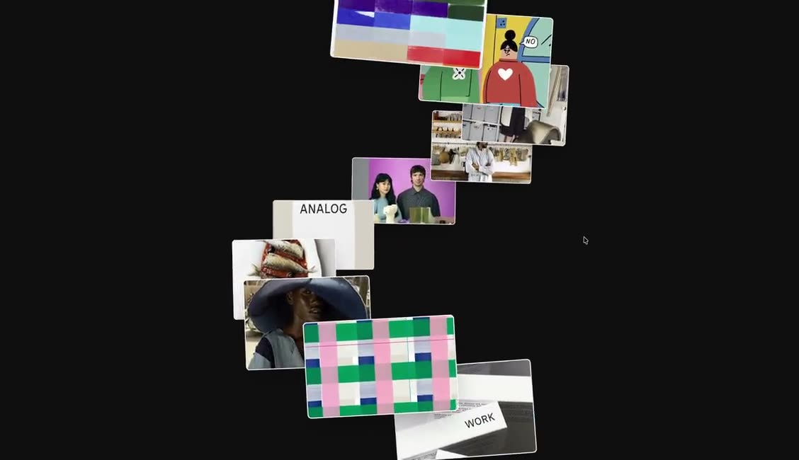 Photo and label cards stacked along a rotating spiral on a near-black background.