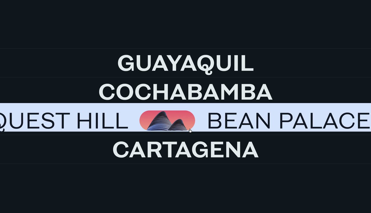 Bold uppercase city names on navy; the hovered row becomes a light marquee band with small images.