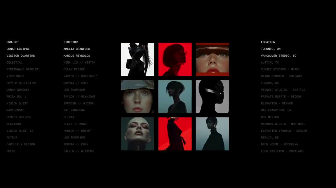 A small logo with a click prompt on black, then a grid of portraits between columns of names and locations.