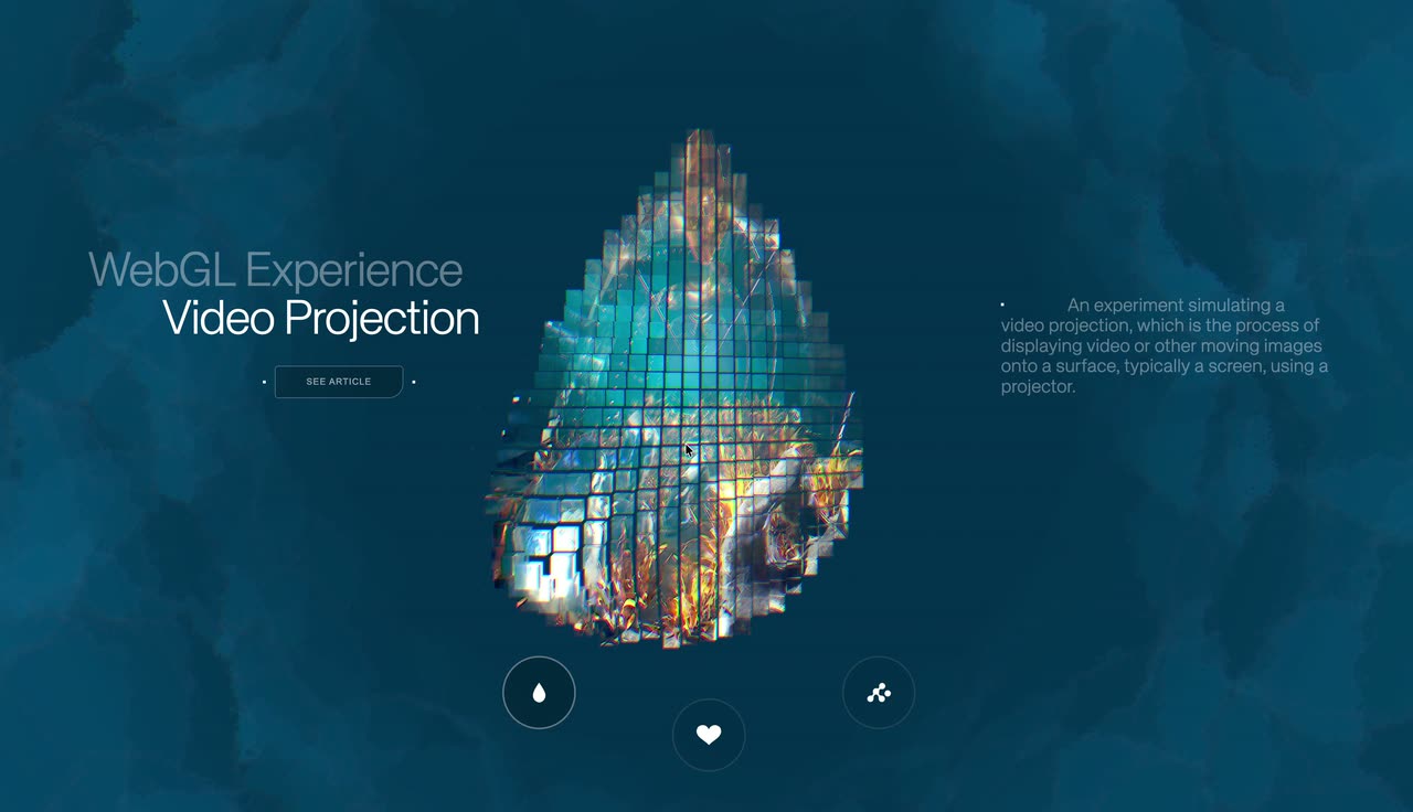 A teardrop of small cubes carrying moving video imagery on a deep teal background, with headline text at left.