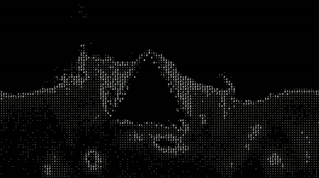 Dotted fluid particles on black flowing and splashing around a dark triangle.