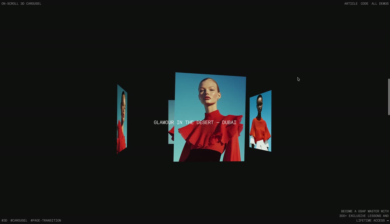 Fashion photos on angled cards drifting past the camera on a near-black page with small captions.