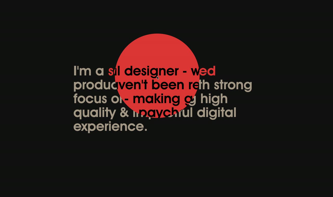 A dark intro paragraph with a red circle cursor; inside the circle a different hidden sentence appears.