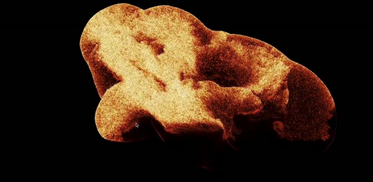 A warm orange particle sculpture slowly turning on black.