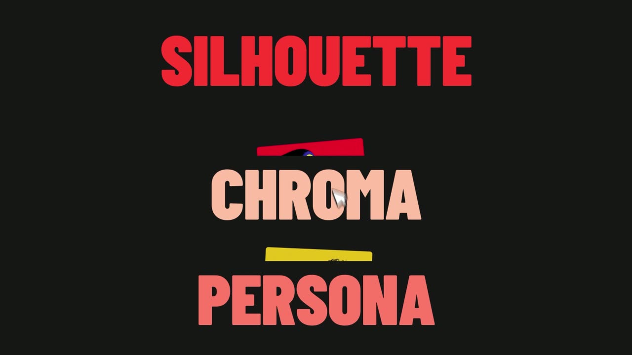 Large red and cream words on black; hovering shows an image with small tags that fall and collide.