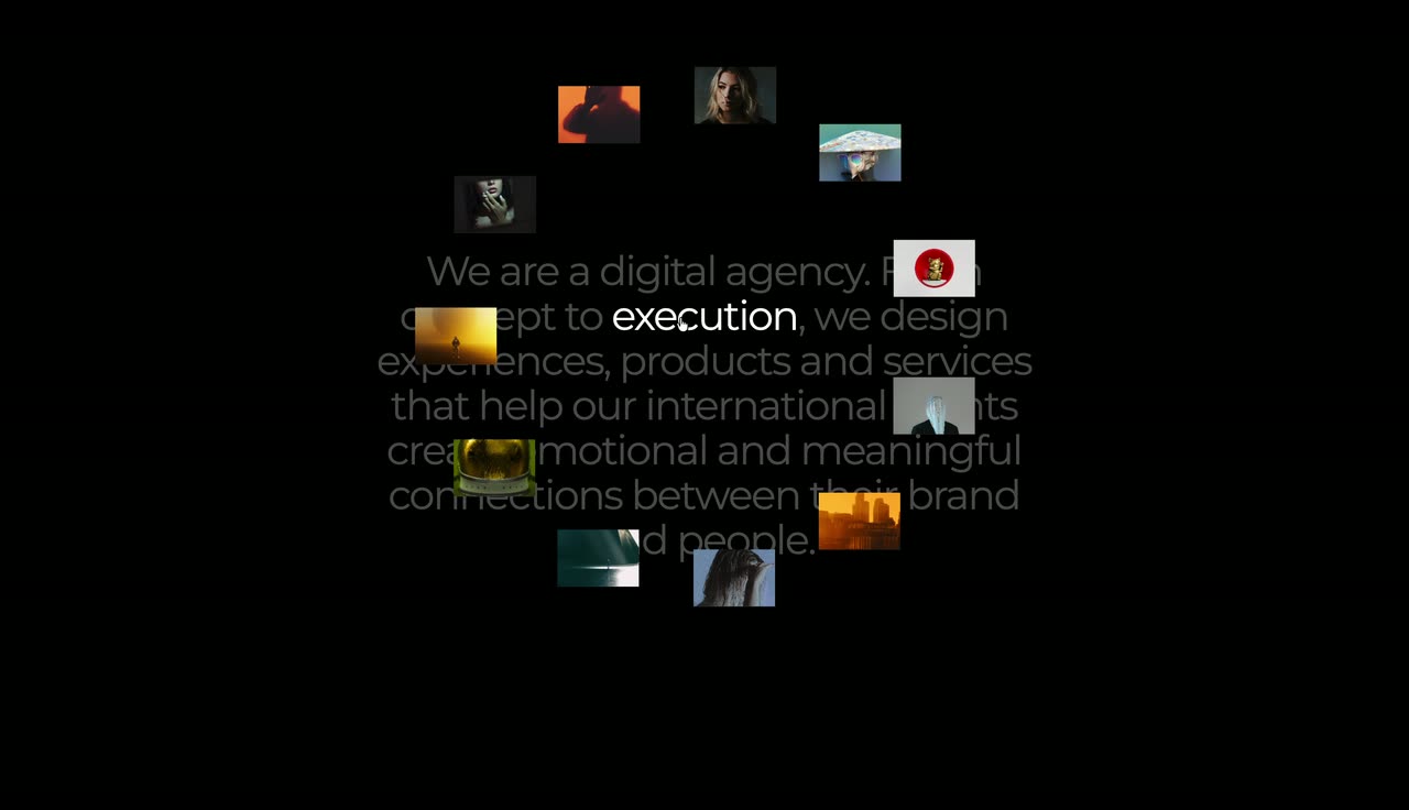 A dark paragraph of agency copy with thumbnails circling and individual words lighting up.