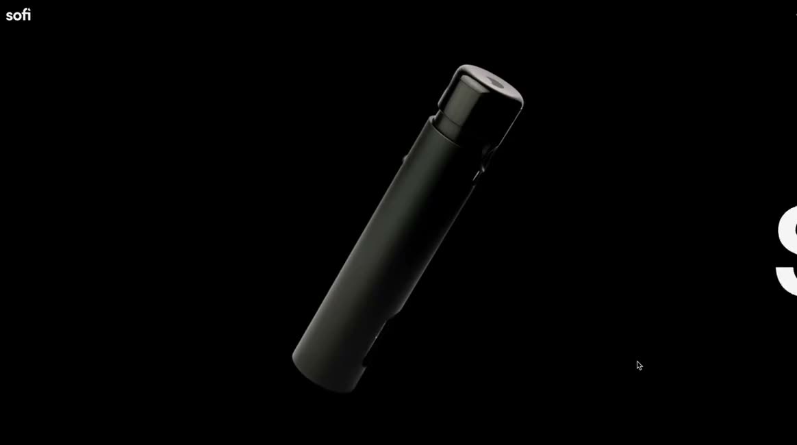 A black cylindrical device turning in front of very large headline words that switch from a light to a dark background.