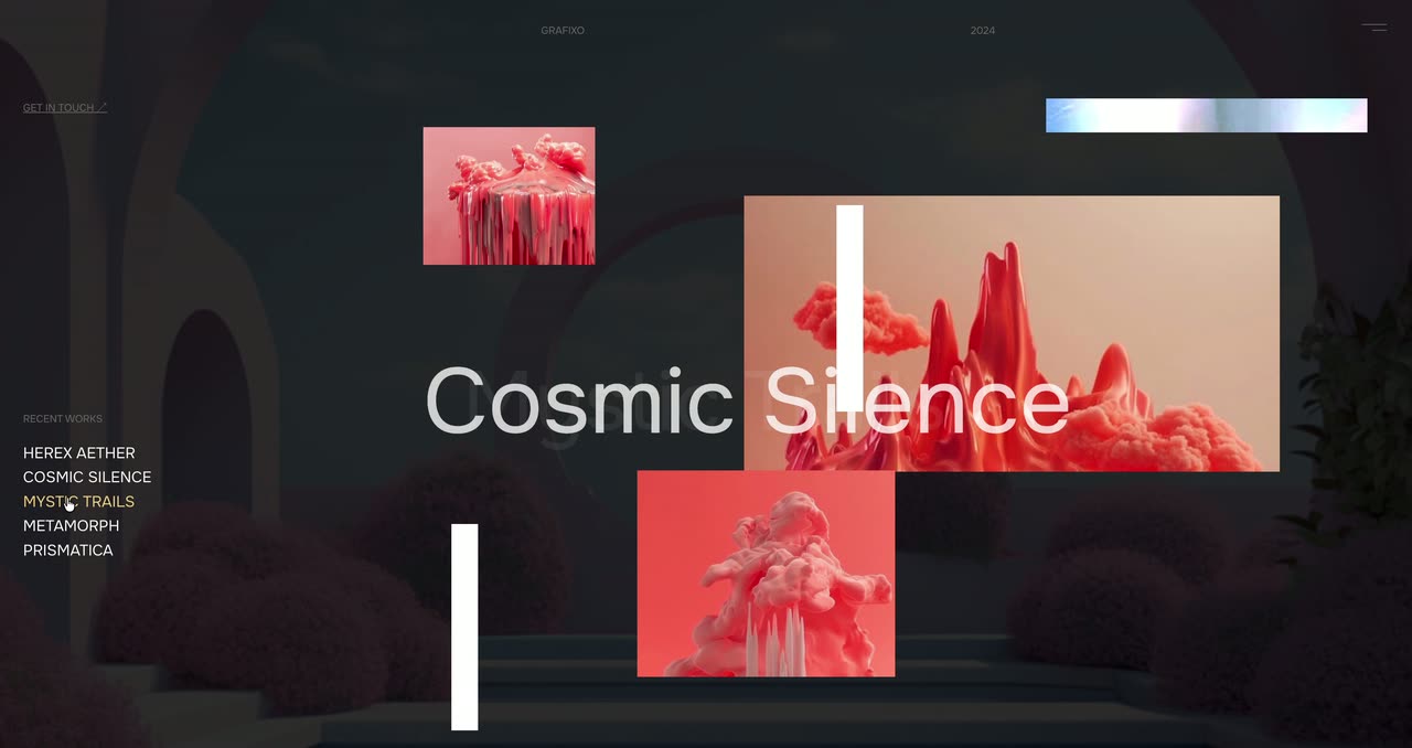Large white project names on a dark room photo, with related images popping in around the hovered title.