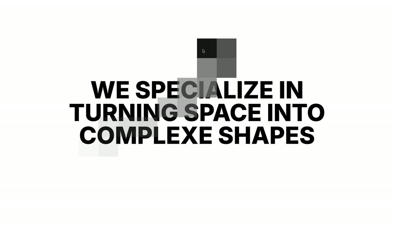 Bold black text on white where square grey blocks appear along the cursor path and fade.