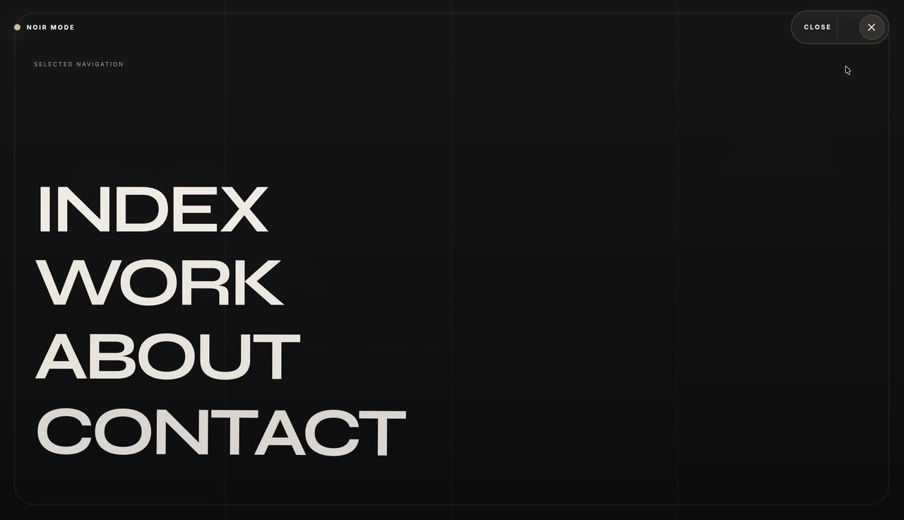 A dark hero with a large headline and a grey sphere, then a menu panel of large links that blurs the page.