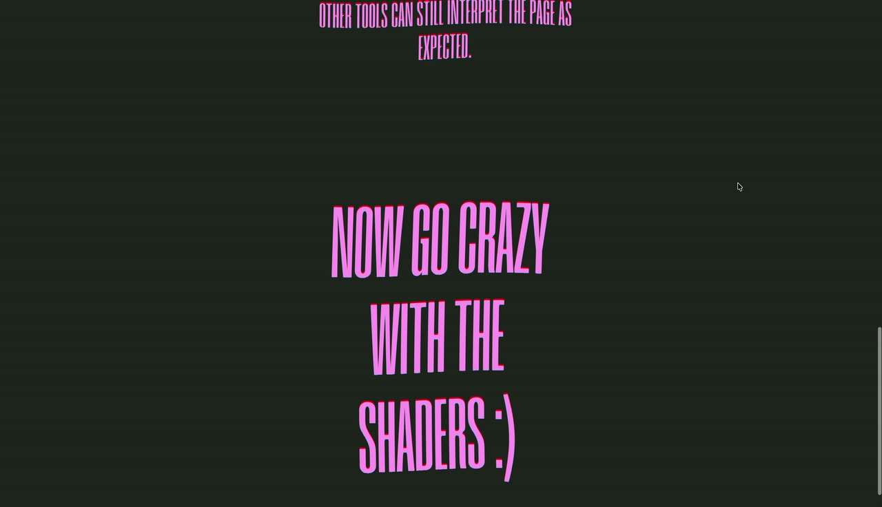 Pink condensed headlines on charcoal warping with shader effects as the page scrolls.