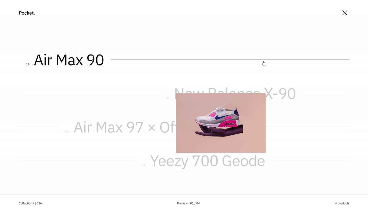 A white menu with offset product names and lines; hovering one shows a product photo.