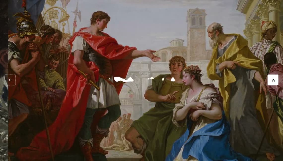Classical paintings filling the screen with short white uppercase titles and side controls.
