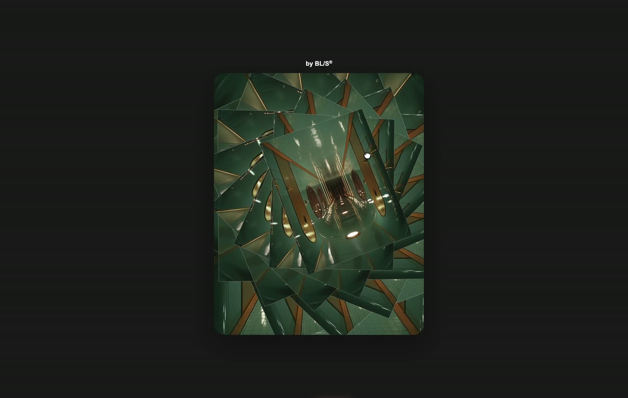 A green corridor photo in a card that breaks into kaleidoscopic repeated fragments, then settles.