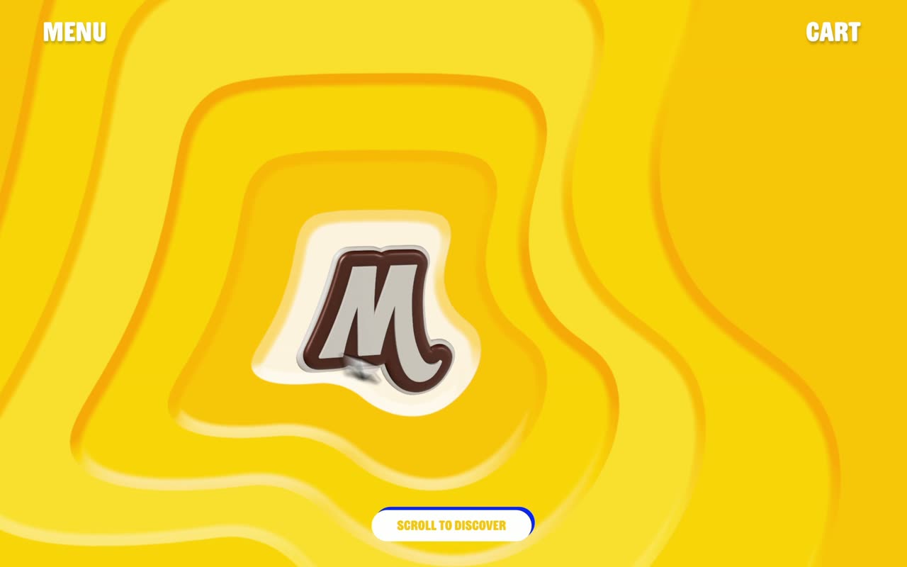 A yellow layered contour background with a central letter badge that moves as the cursor travels.