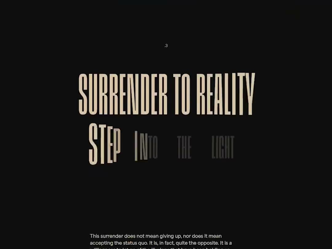 Large words on black twisting and stretching between short paragraphs.