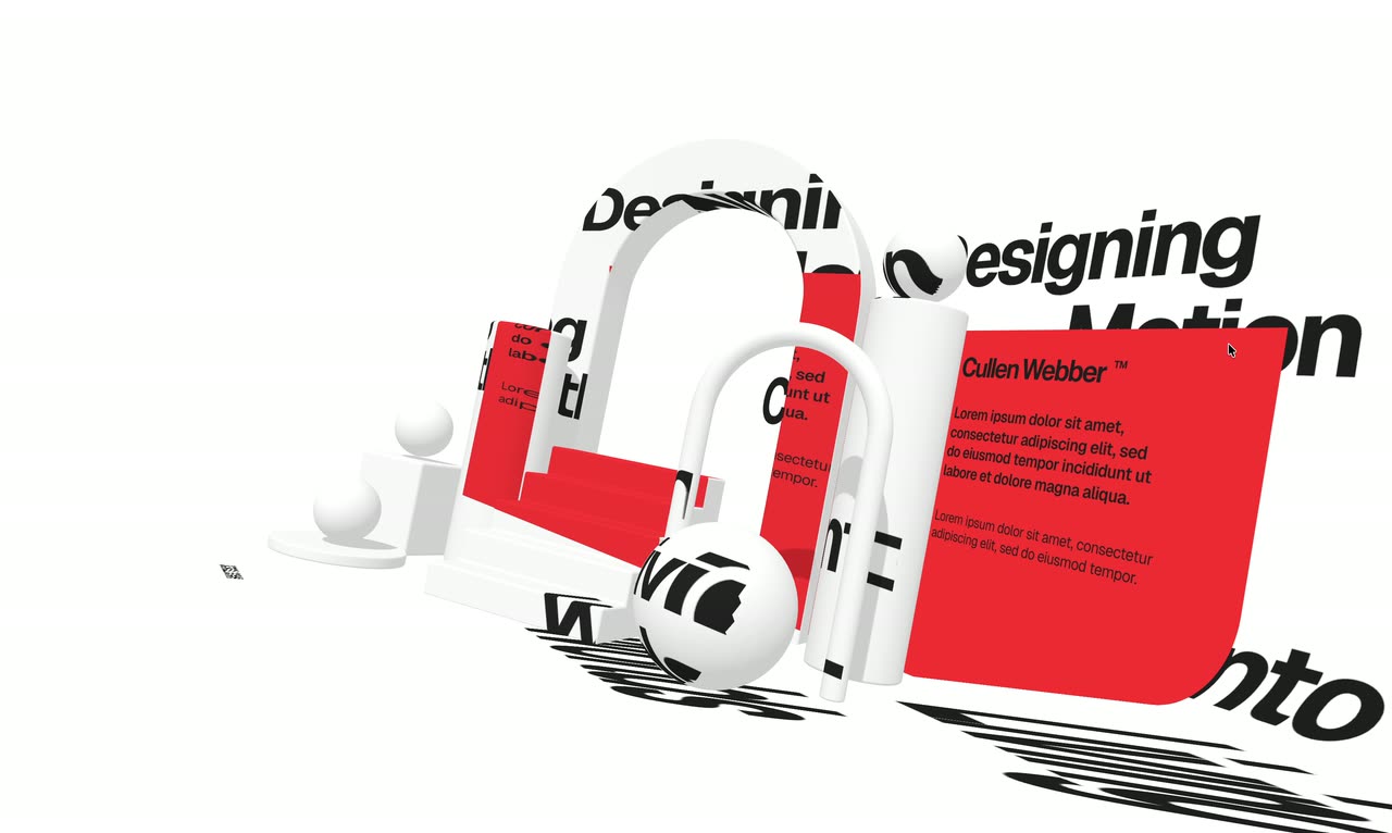 A white page with large headings and red cards that curl around a white 3D sculpture while scrolling.
