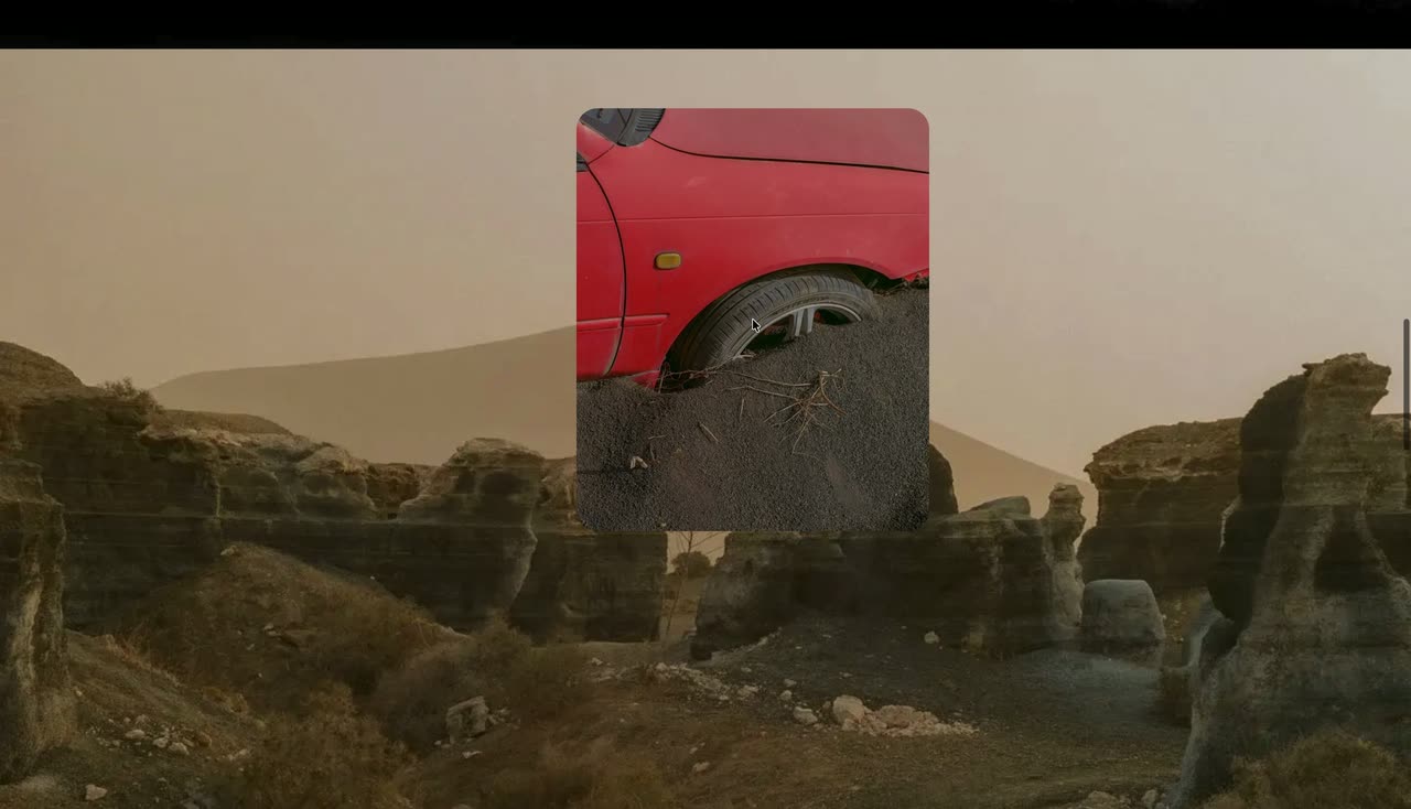 Landscape photos with an inset portrait card that moves with the cursor, ending on a centered name list.