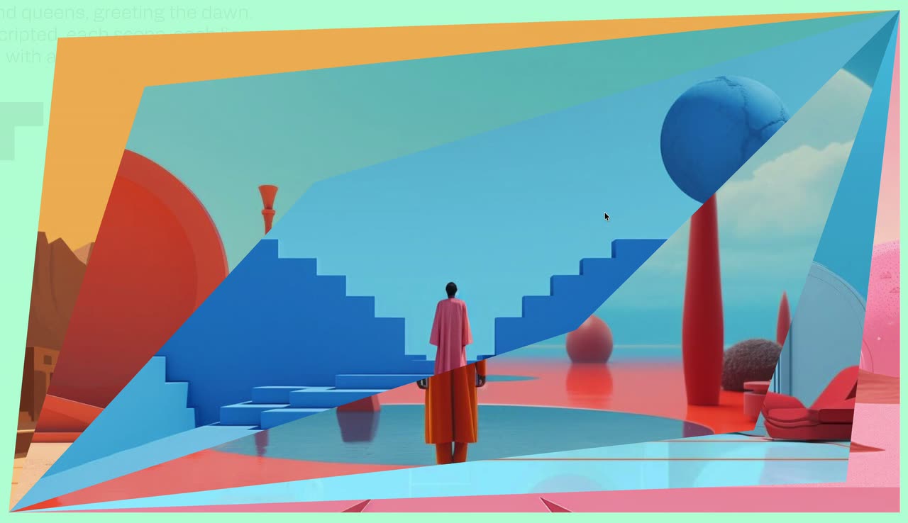 Mint and pink layers sweeping diagonally between pages with large geometric titles and illustrations.