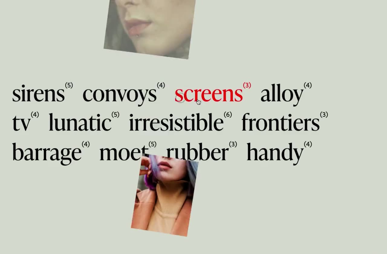 Words with small index numbers on pale green; the hovered word turns red and a tilted portrait appears.