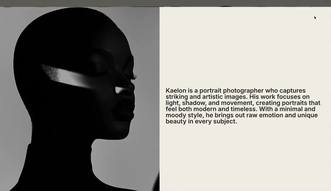 A large name on cream, then a split page with a dark portrait and biography, images sliding between states.